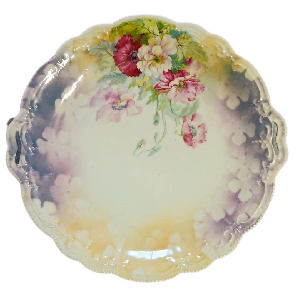 Antique Hand‎ Painted Porcelain Poppy Floral Cake Plate Scalloped Handle 10.25in